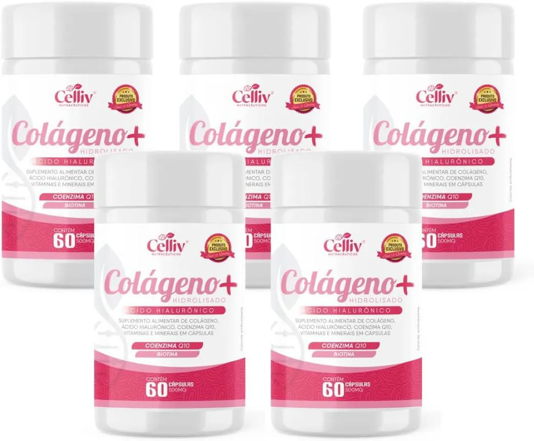 5X COLáGENO HIDROLISADO + ÁCIDO HIALURôNICO + COENZIMA Q10 + BIOTINA E VITAMS 60 CAPS CELLIV