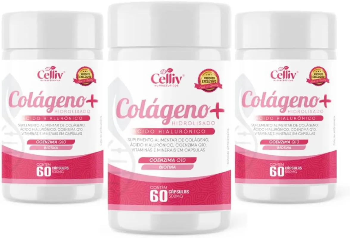 3X COLáGENO HIDROLISADO + ÁCIDO HIALURôNICO + COENZIMA Q10 + BIOTINA E VITAMS 60 CAPS CELLIV