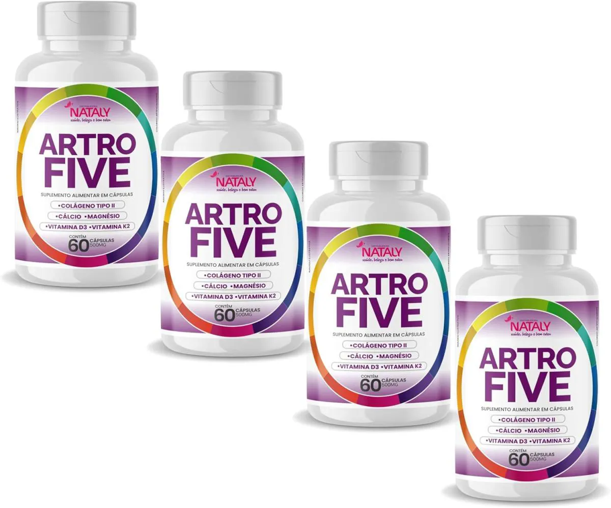 4X ARTROFIVE COLáGENO TIPO II, CáLCIO, MAGNéSIO, VIT D3 E K2 60 CAPSULAS DE 500MG