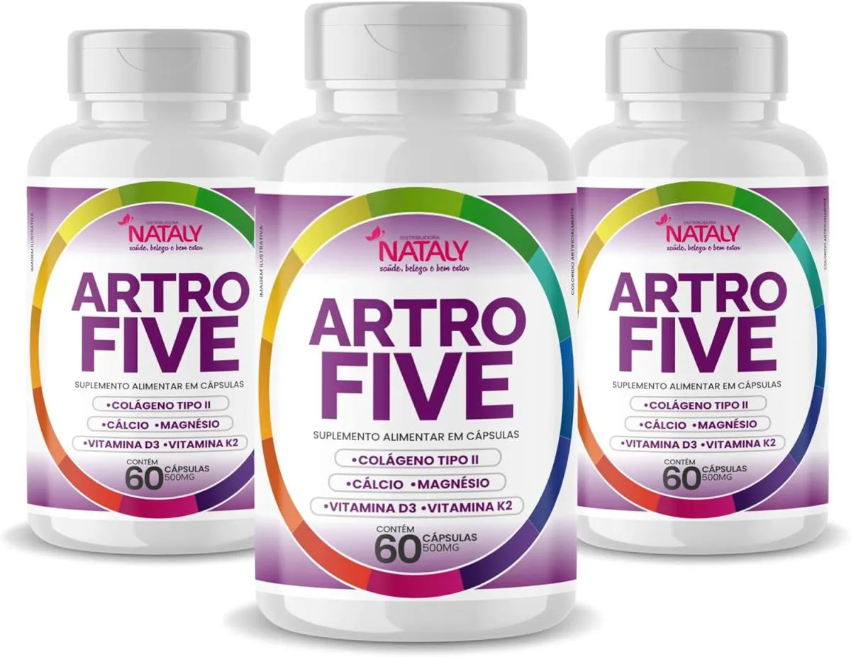 3X ARTROFIVE COLáGENO TIPO II, CáLCIO, MAGNéSIO, VIT D3 E K2 60 CAPSULAS DE 500MG