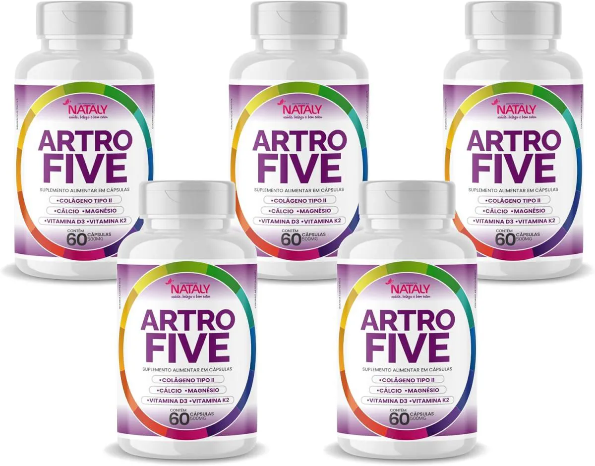 5X ARTROFIVE COLáGENO TIPO II, CáLCIO, MAGNéSIO, VIT D3 E K2 60 CAPSULAS DE 500MG