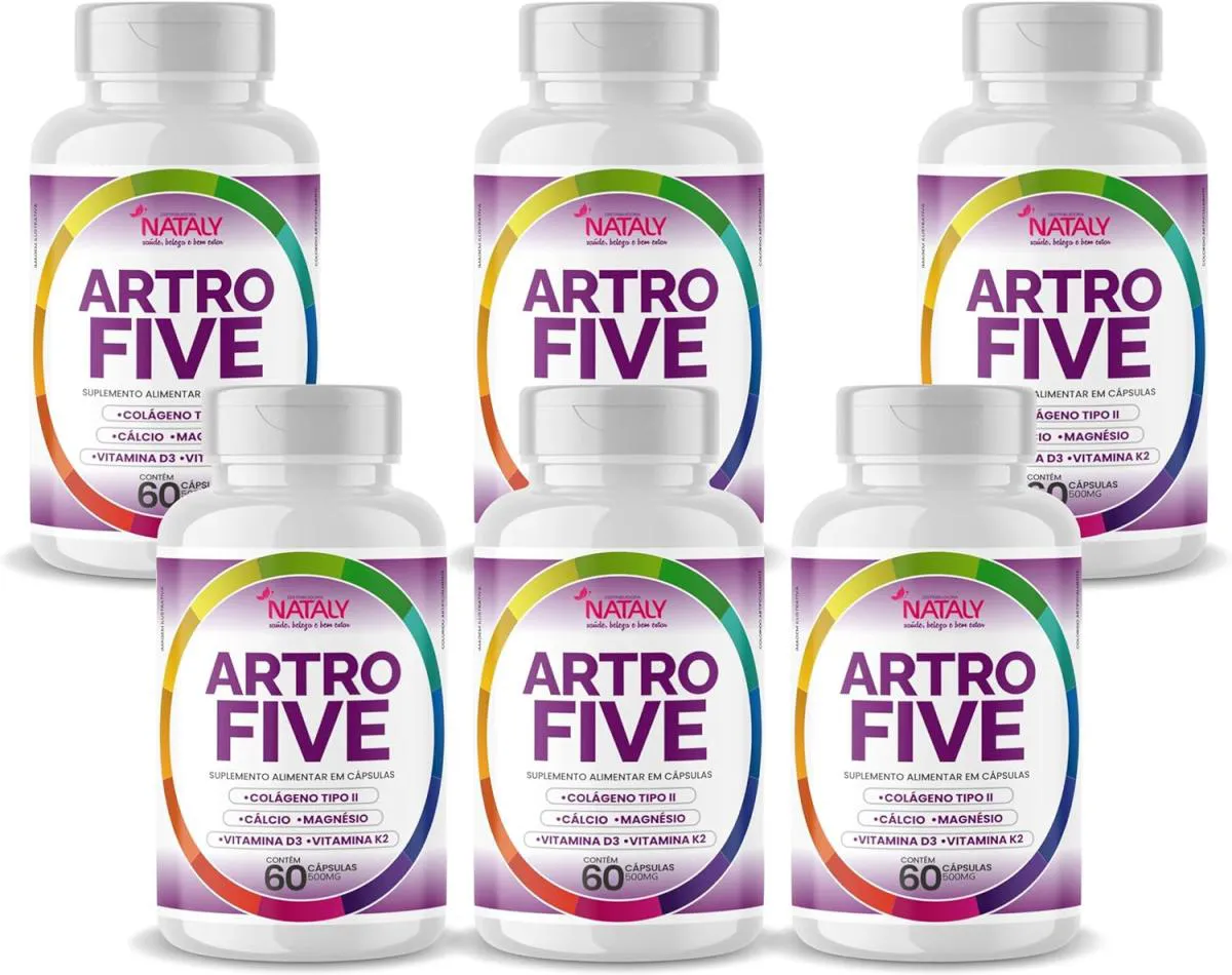 6X ARTROFIVE COLáGENO TIPO II, CáLCIO, MAGNéSIO, VIT D3 E K2 60 CAPSULAS DE 500MG