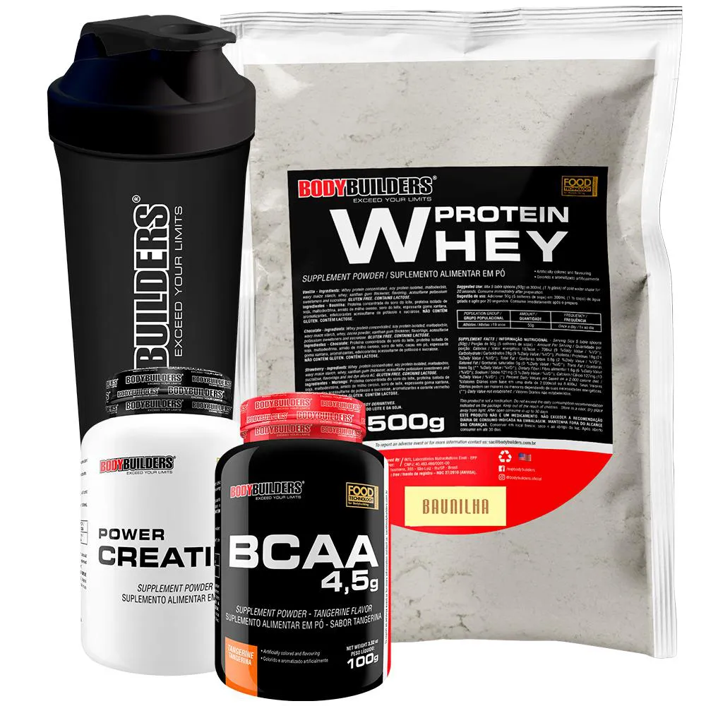 KIT WHEY PROTEIN 500G + BCAA 4,5 100G + POWER CREATINE 100G + COQUETELEIRA – BODYBUILDERS  Baunilha