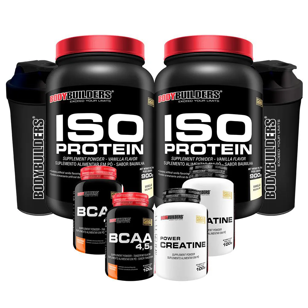 KIT 2X ISO PROTEIN 900G + 2X BCAA 4.5 100G + 2X POWER CREATINA 100G + 2X COQUETELEIRA - BODYBUILDERS  Baunilha