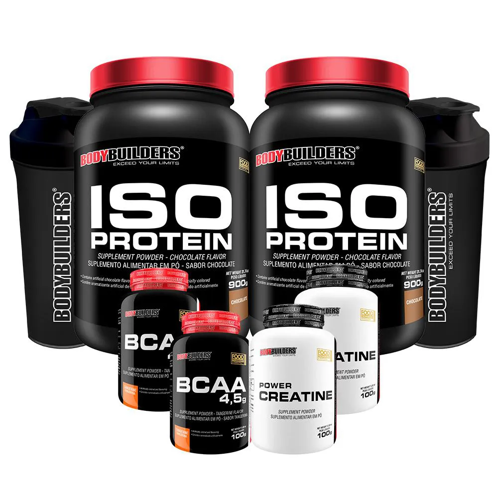 KIT 2X ISO PROTEIN 900G + 2X BCAA 4.5 100G + 2X POWER CREATINA 100G + 2X COQUETELEIRA - BODYBUILDERS  Chocolate