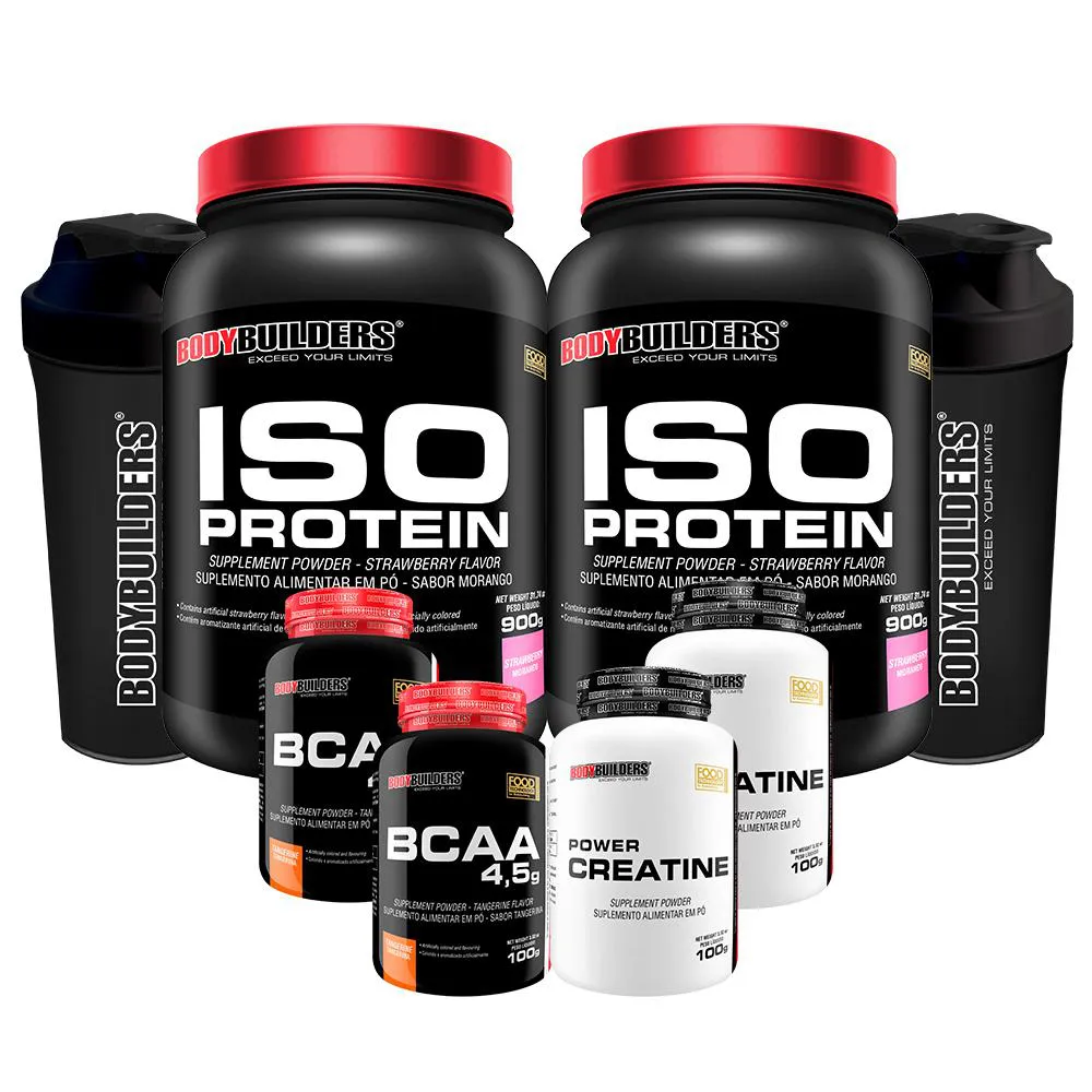 KIT 2X ISO PROTEIN 900G + 2X BCAA 4.5 100G + 2X POWER CREATINA 100G + 2X COQUETELEIRA - BODYBUILDERS  Morango
