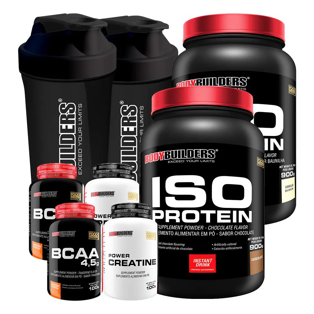 KIT 2X ISO PROTEIN 900G + 2X BCAA 4.5 100G + 2X POWER CREATINA 100G + 2X COQUETELEIRA - BODYBUILDERS  Chocolate E Baunilha