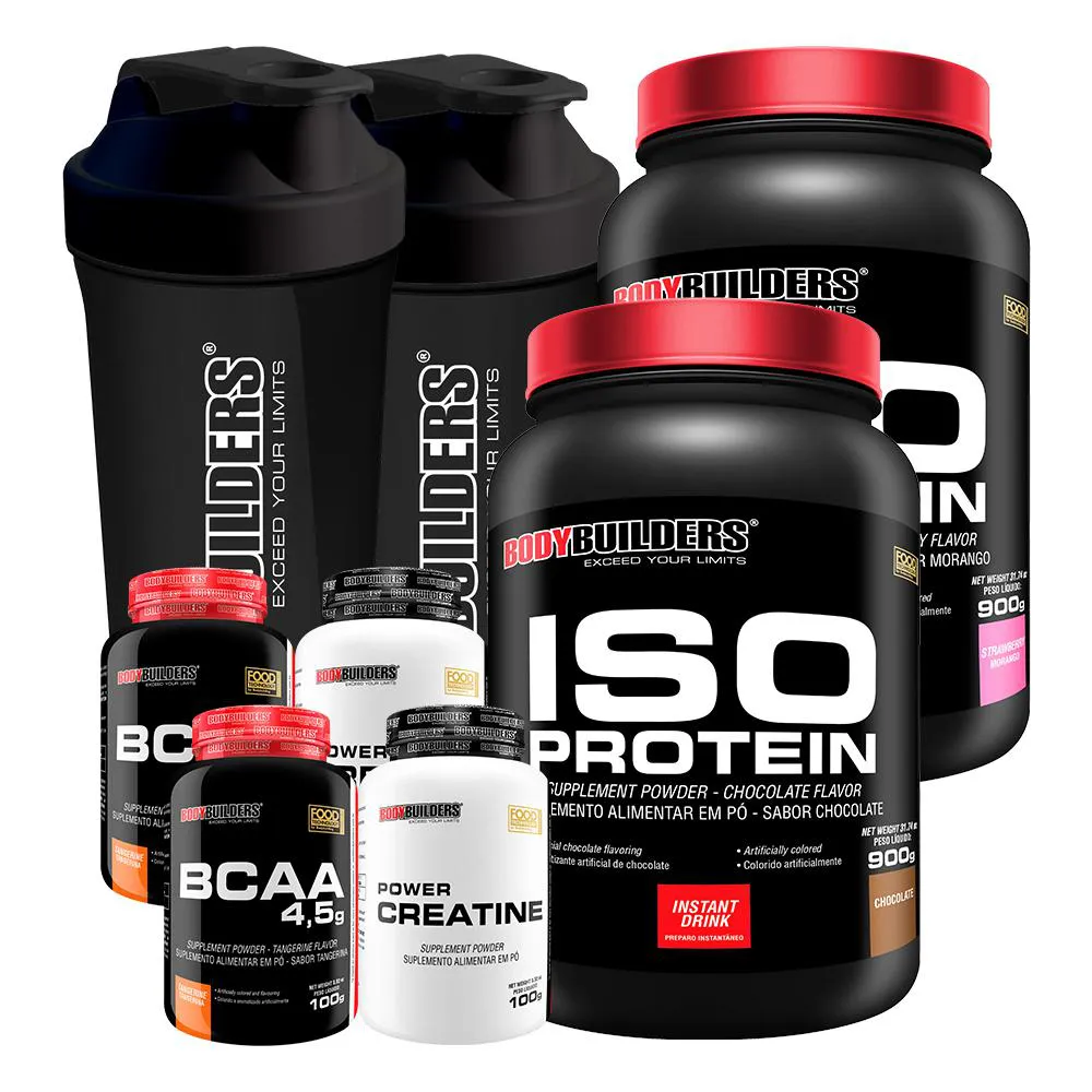 KIT 2X ISO PROTEIN 900G + 2X BCAA 4.5 100G + 2X POWER CREATINA 100G + 2X COQUETELEIRA - BODYBUILDERS  Morango E Chocolate