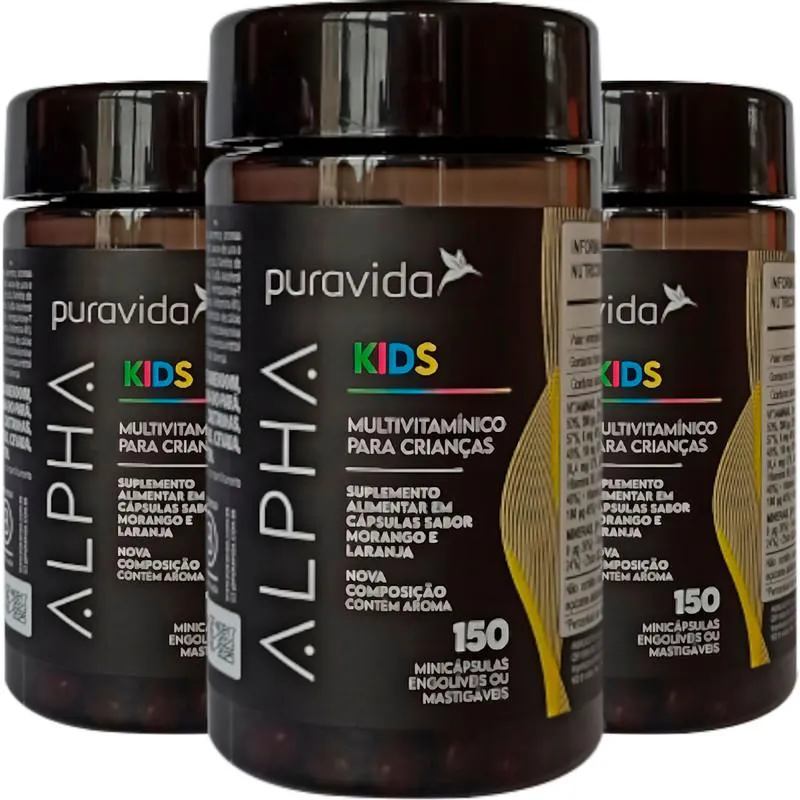 Kit Polivitamínico Infantil Puravida Alpha Kids 150 cápsulas 3 unidades