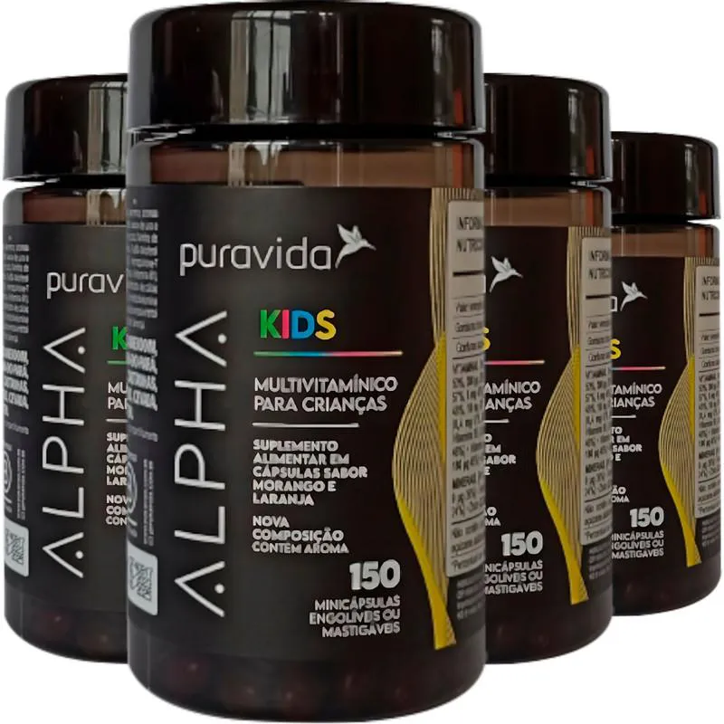 Kit Polivitamínico Infantil Puravida Alpha Kids 150 cápsulas 4 unidades