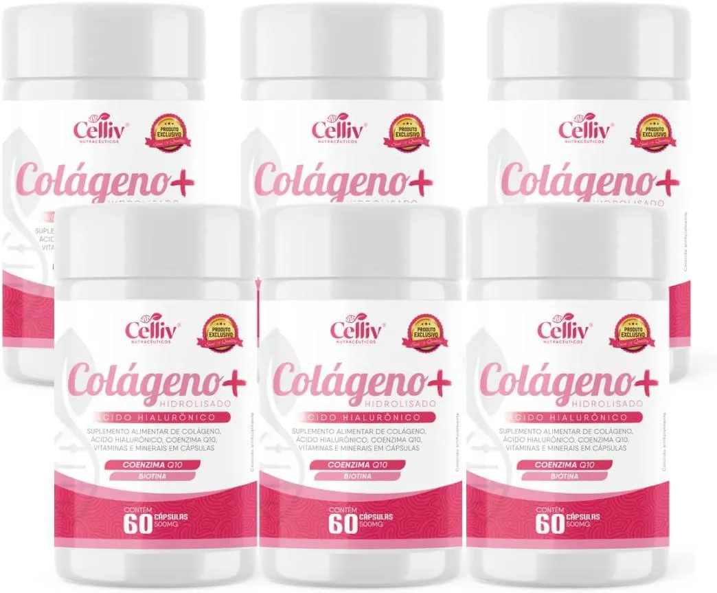 6X COLáGENO HIDROLISADO + ÁCIDO HIALURôNICO + COENZIMA Q10 + BIOTINA E VITAMS 60 CAPS CELLIV