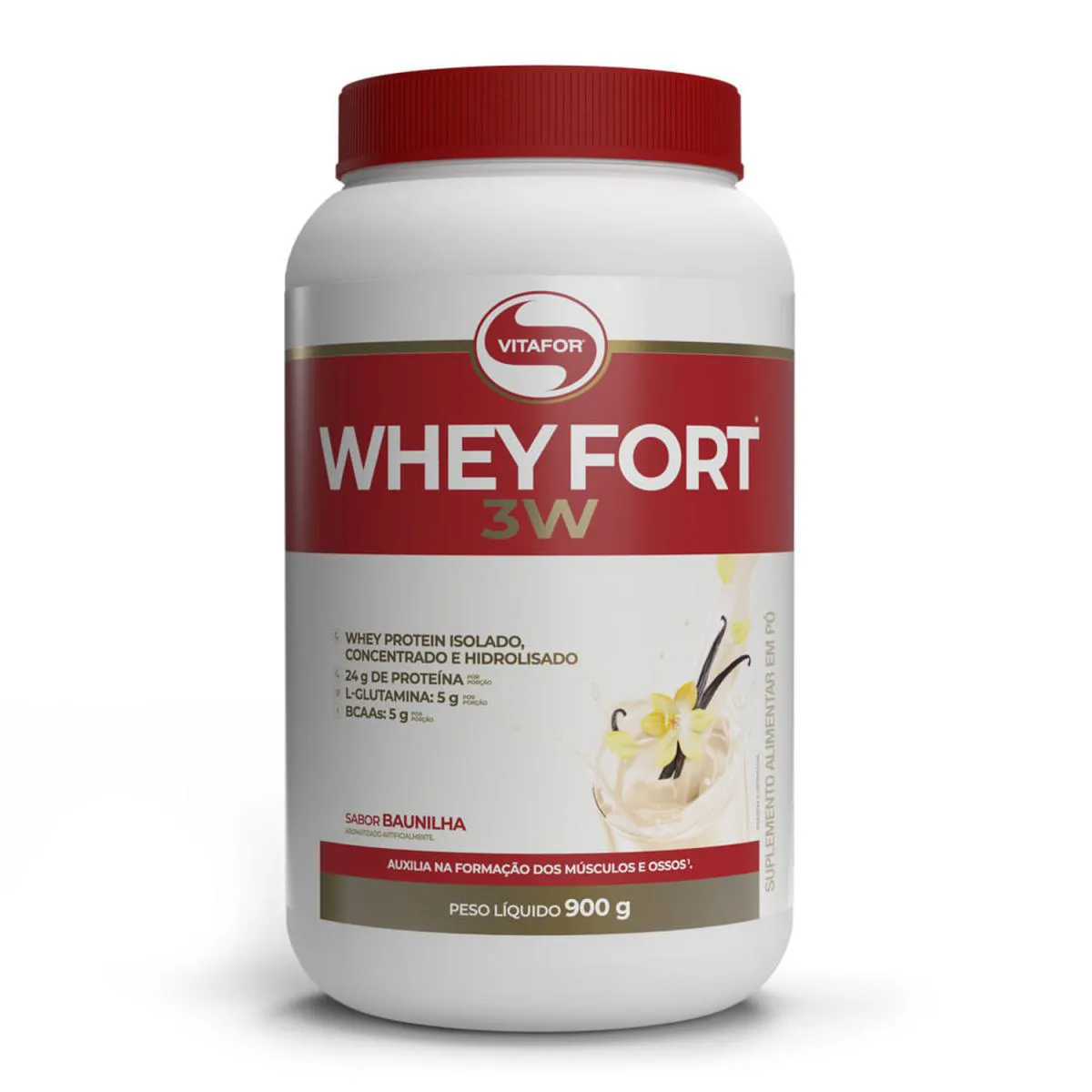 WHEY FORT 3W WHEY PROTEIN ISOLADO CONCENTRADO E HIDROLISADO SABOR BAUNILHA 900G VITAFOR