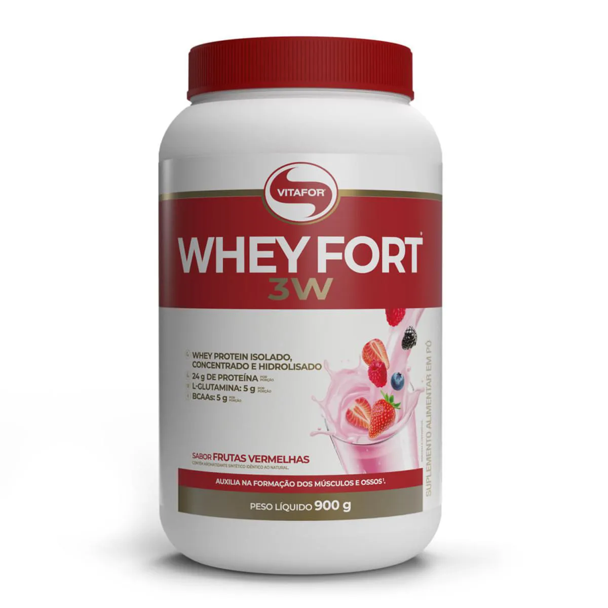 WHEY FORT 3W WHEY PROTEIN ISOLADO CONCENTRADO E HIDROLISADO SABOR FRUTAS VERMELHAS 900G VITAFOR