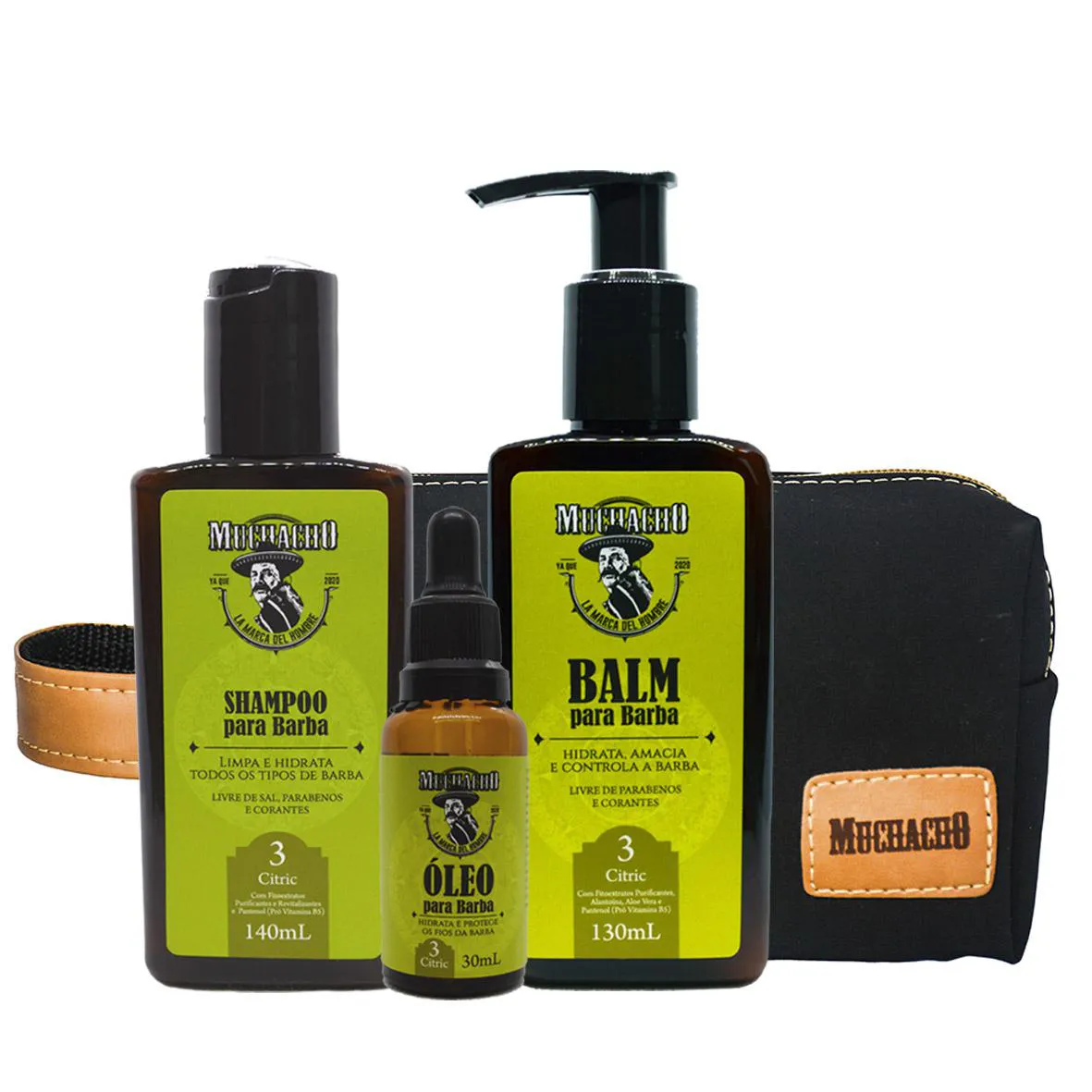 KIT SHAMPOO PARA BARBA + BALM PARA BARBA + ÓLEO PARA BARBA - MUCHACHO CITRIC + NECESSAIRE MUCHACHO CANCUN