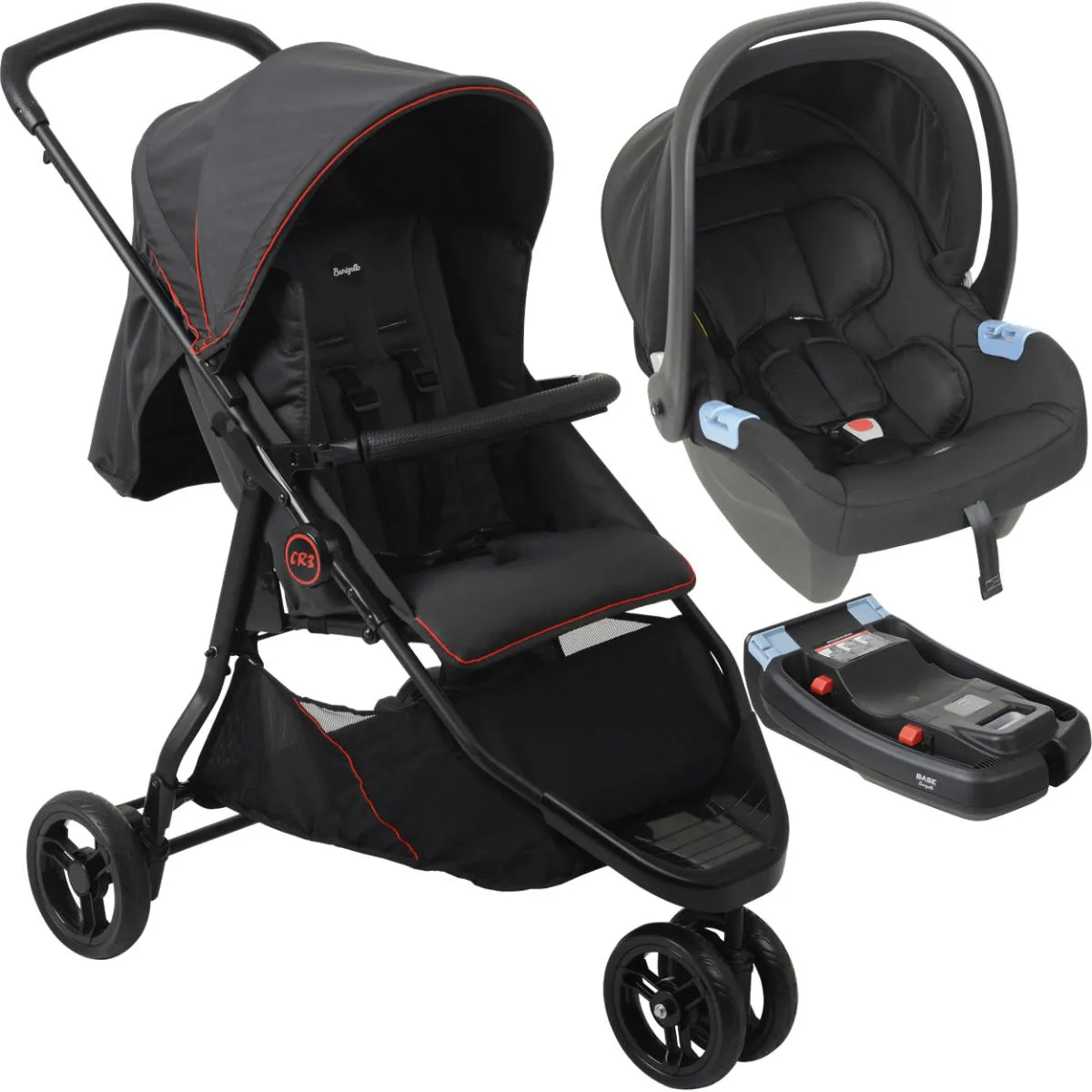CARRINHO DE BEBE COM BEBE CONFORTO BASE BURIGOTTO CR3 GRAY RED