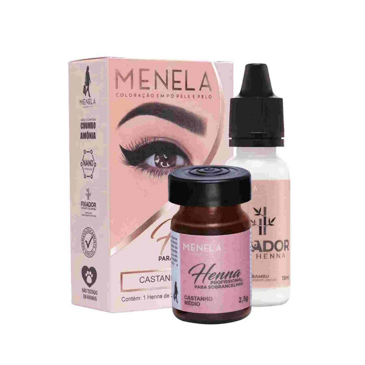 HENNA MENELA SOBRANCELHA COR: CASTANHO CLARO ACOMPANHA 15ML DE FIXADOR E 2,5G DE HENNA