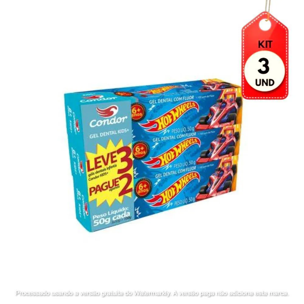 Kit C/03 Condor Hot Wheels Creme Dental Infantil C/ Flúor 50G