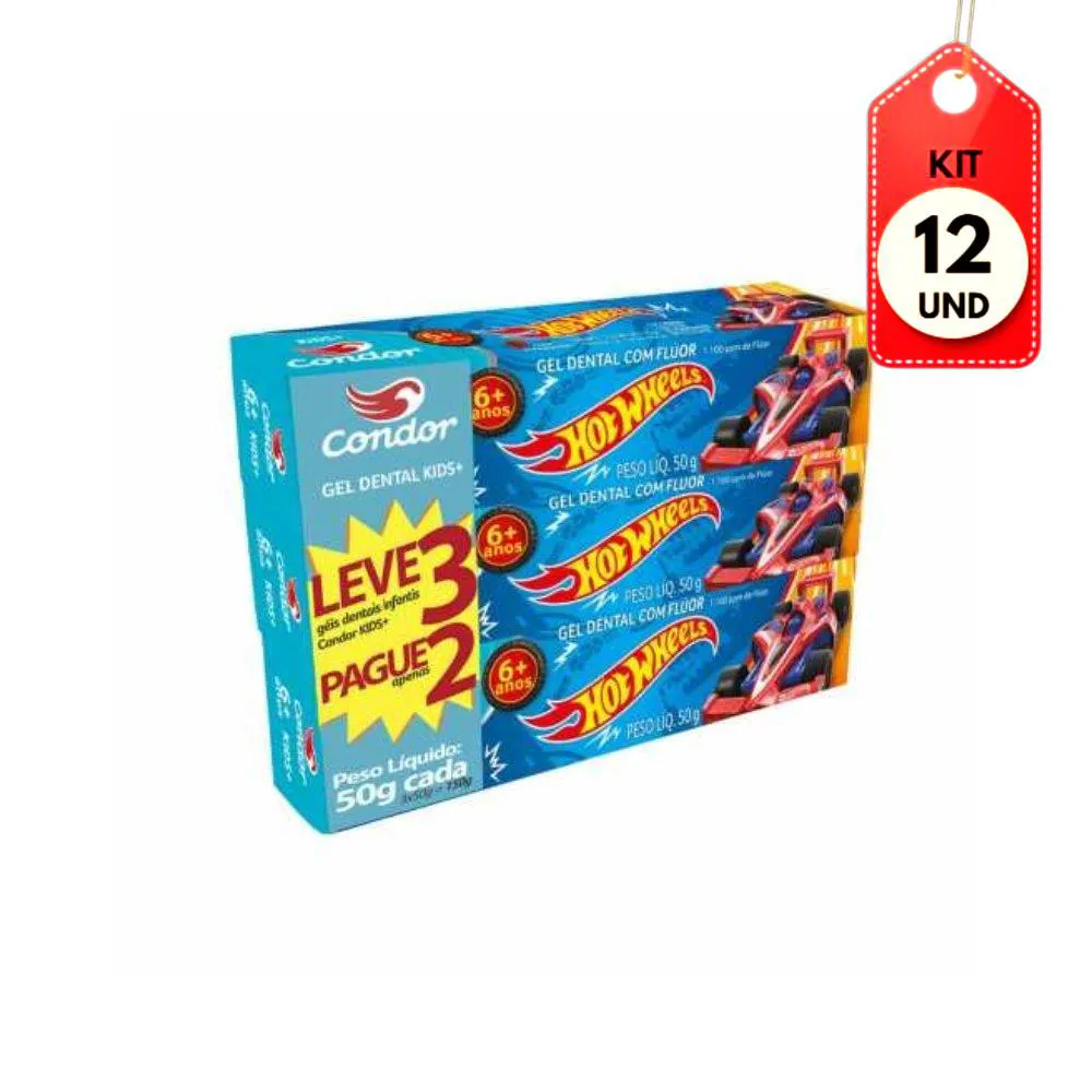 Kit C/12 Condor Hot Wheels Creme Dental Infantil C/ Flúor 50G