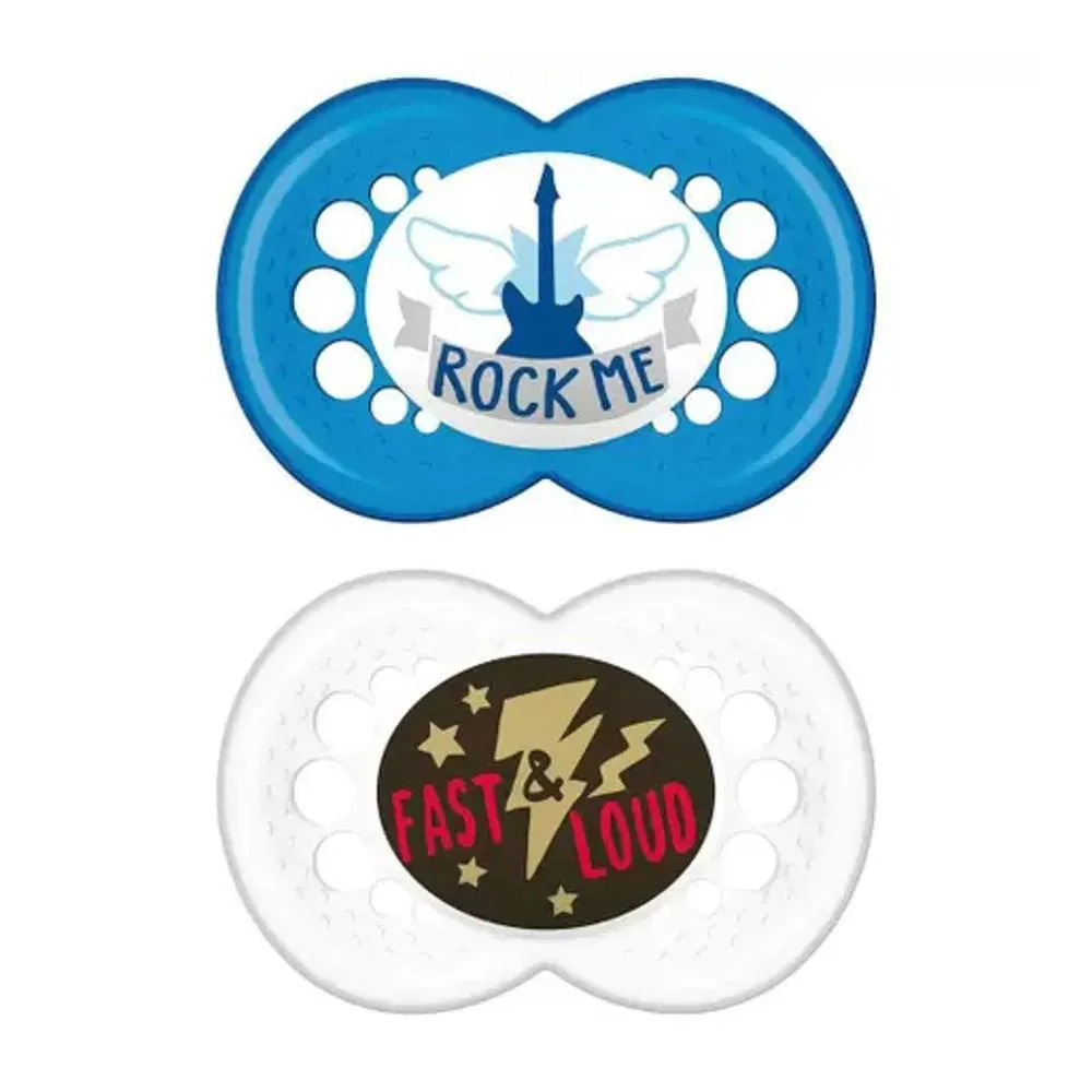 KIT 2 CHUPETAS ROCK LIMITED EDITION AZUL 6M+ C/ ESTOJO MAM