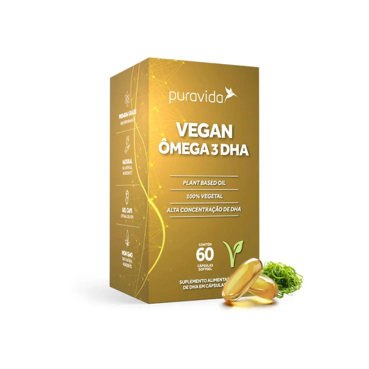 VEGAN ÔMEGA 3 DHA PURA VIDA 60 CáPSULAS Incolor SEM Sabor