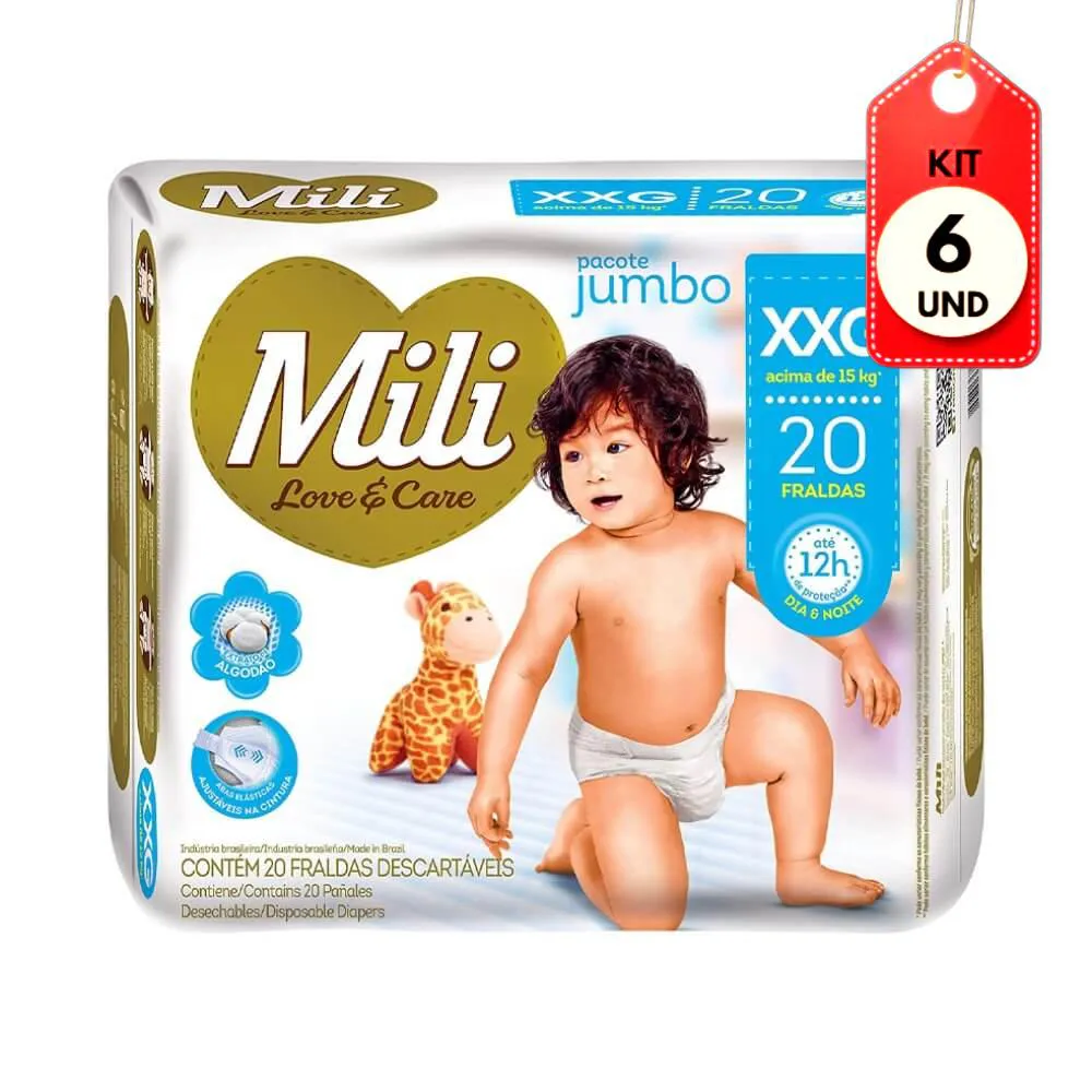 Kit Fralda Mili Love Care Premium Jumbo Xgg 20 6 Pacotes