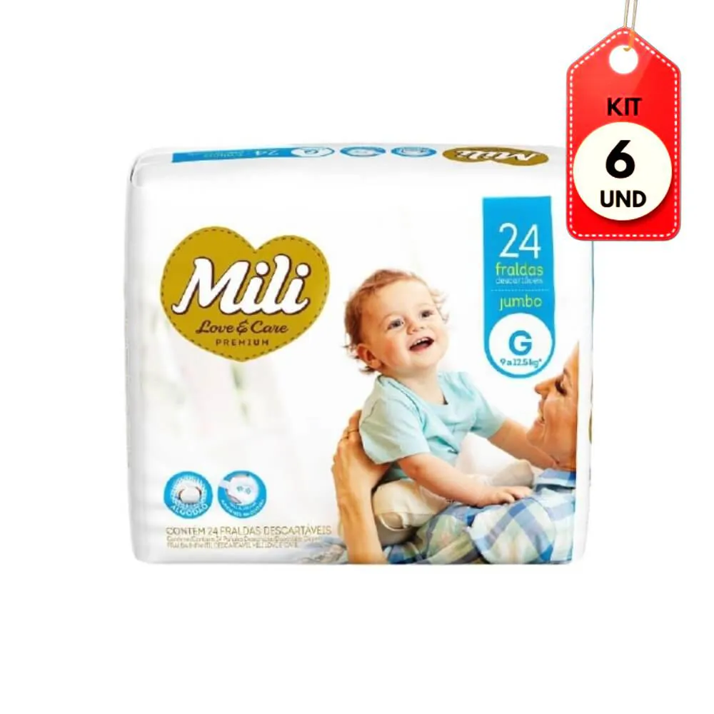 Kit Fralda Mili Love Care Premium Jumbo G 24 6 Pacotes