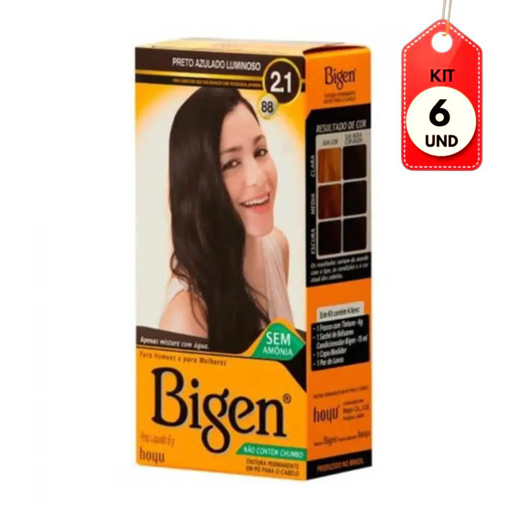 Kit C/06 Bigen Tinta 8.8 Preto Azulado Luminoso