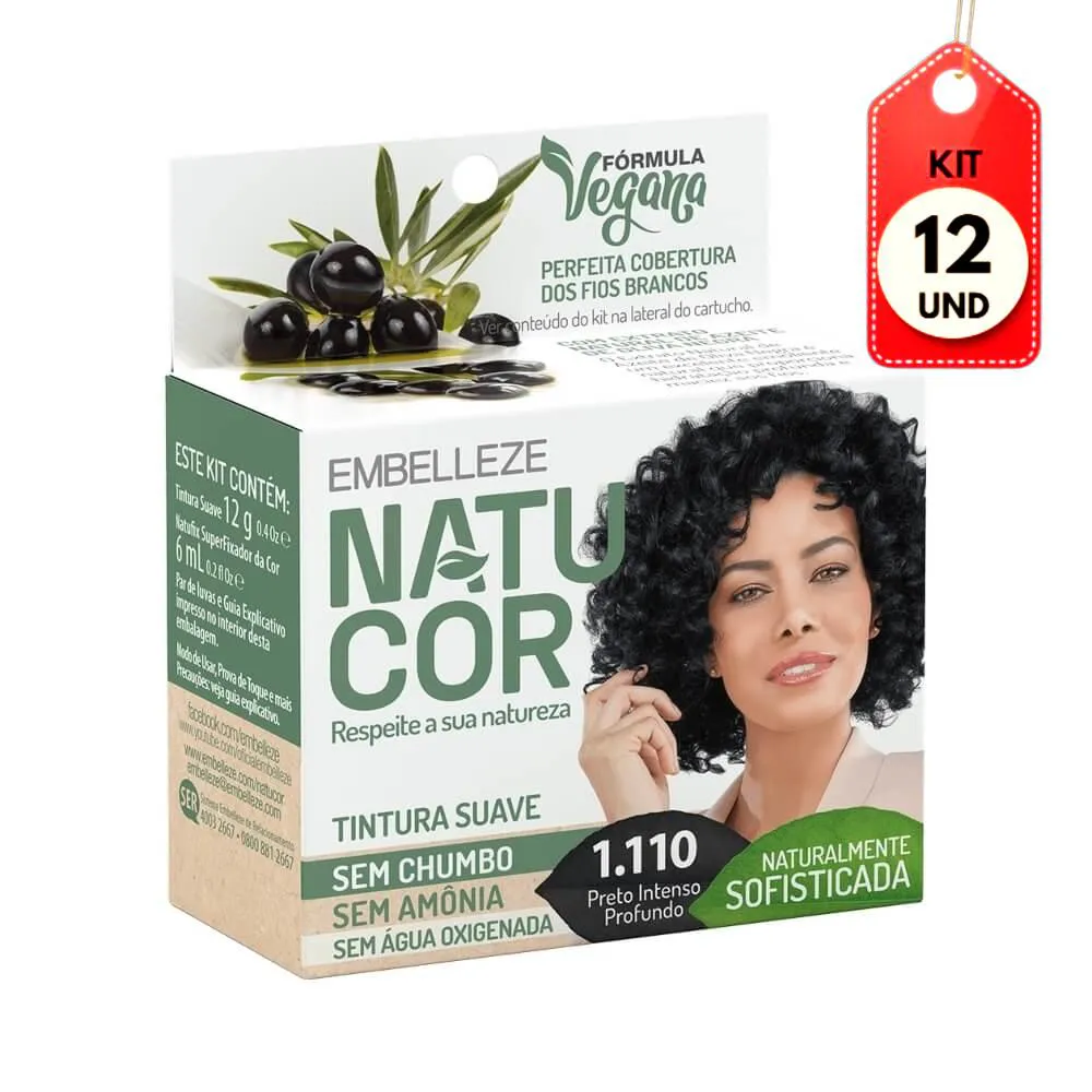 Kit C/12 Natucor Film Coloração Capilar 1.110 Azeite Oliva Negra 12G
