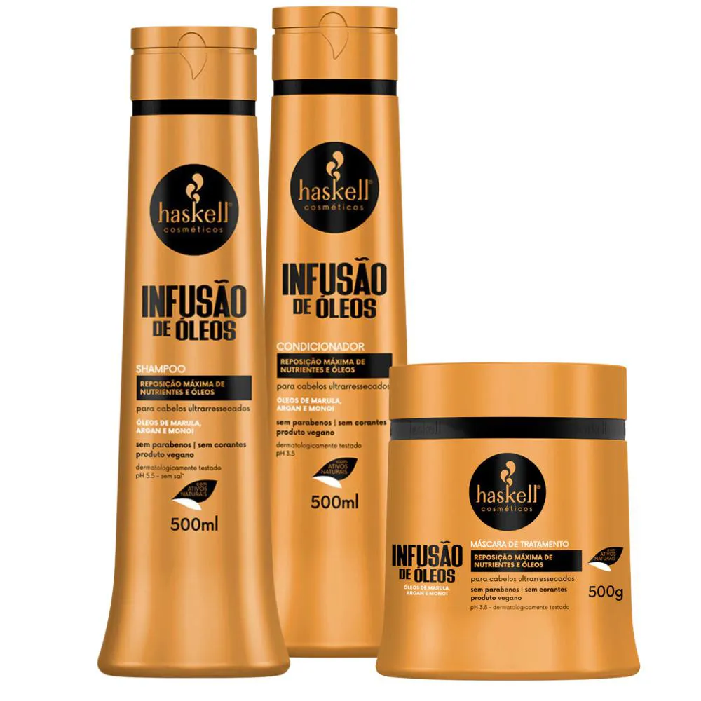 KIT INFUSãO DE ÓLEOS HASKELL SHAMPOO + COND. + MáSCARA 500ML