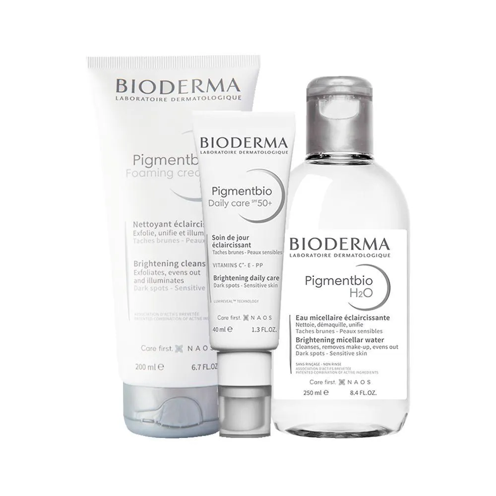 KIT BIODERMA PIGMENTBIO - SABONETE LíQUIDO E ÁGUA MICELAR FACIAL CLAREADORA DE MANCHAS H2O E GEL CREME CLAREADOR FACIAL DAILY CARE