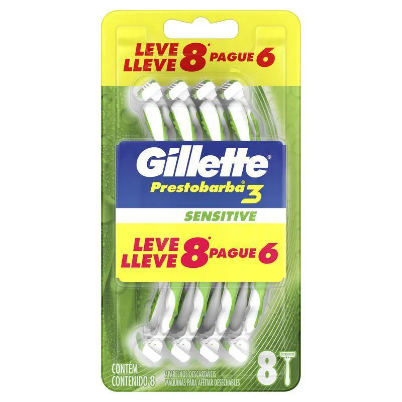 Aparelho De Barbear Descartável Gillette Prestobarba3 Sensitive Leve 8 Pague 6