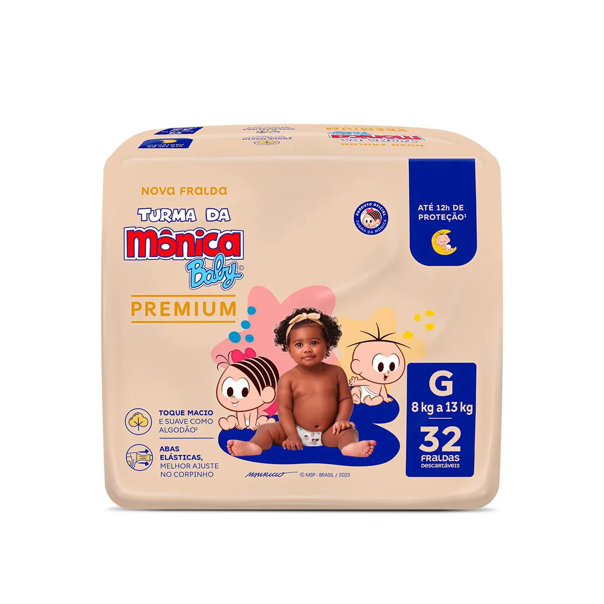 Fralda Turma da Mônica Baby Premium Proteção Até 12h Abas Elásticas Toque Macio G 32 unidades