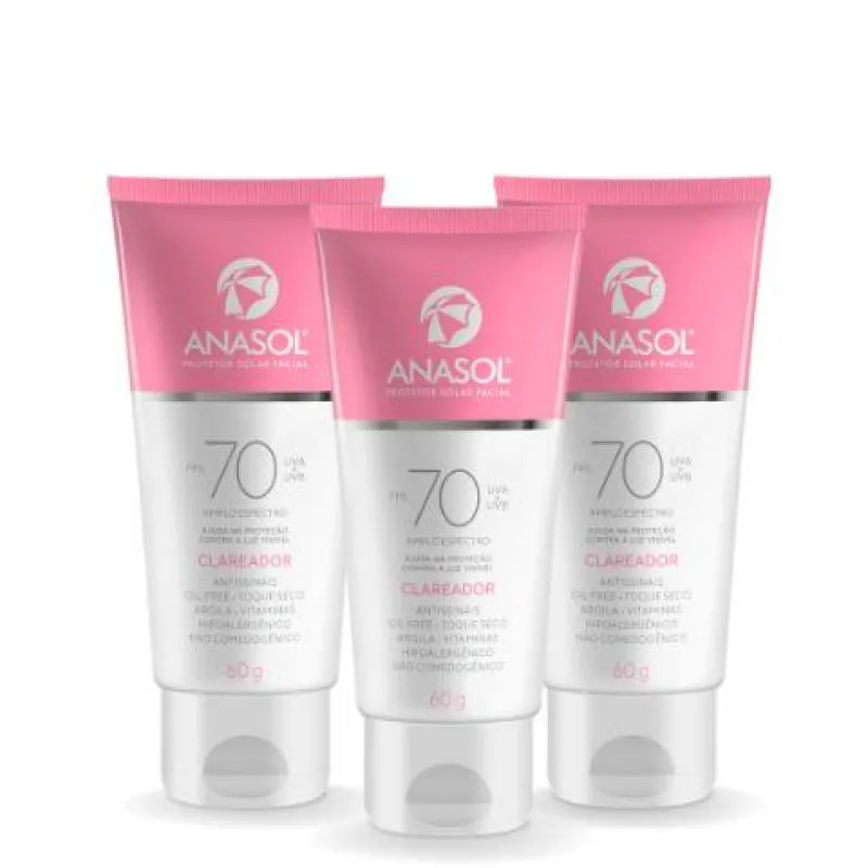 KIT PROTETOR SOLAR FACIAL ANASOL FPS70 CLAREADOR VEGANO 3UN