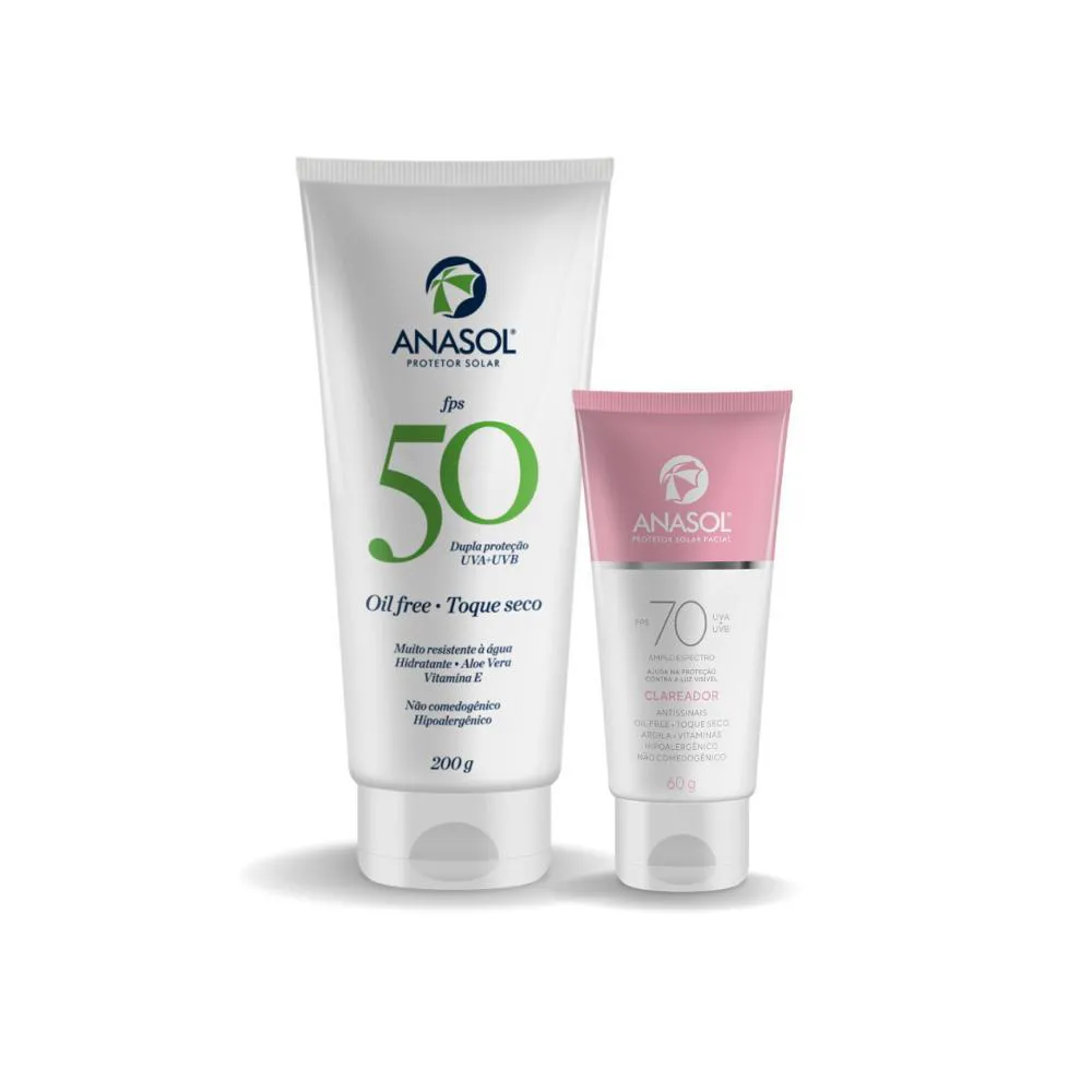 KIT PROTETOR CORPORAL ANASOL FPS50 200G + PROTETOR FACIAL ANASOL FPS70 CLAREADOR 60G