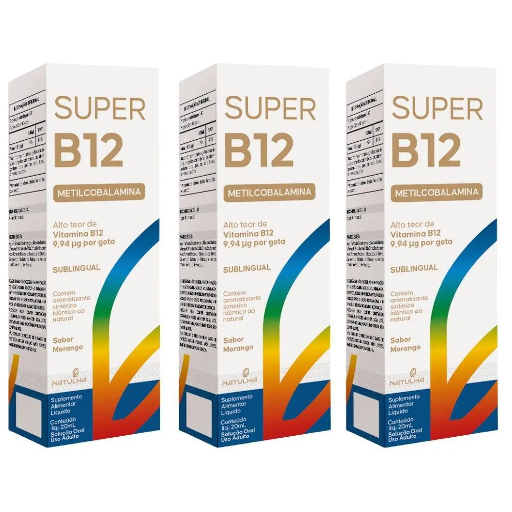 KIT 3X SUPER VITAMINA B12 METILCOBALAMINA SUBLINGUAL 20ML - NATULHA SABOR:MORANGO