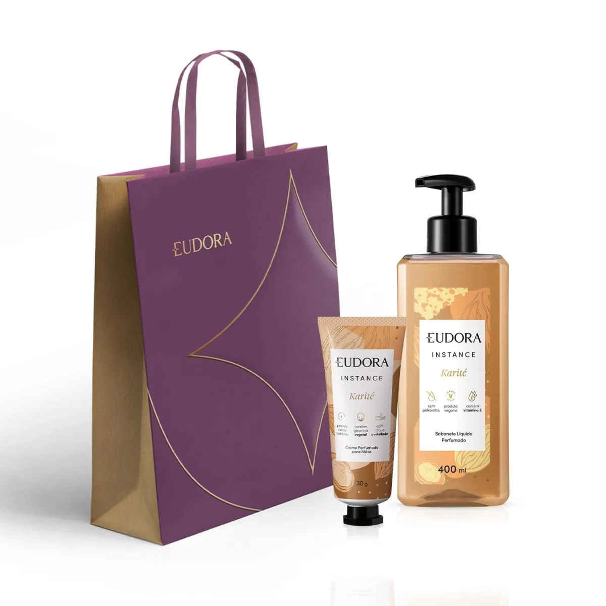 Combo Presente Dia Das Mães Instance Karité: Sabonete Líquido Perfumado 400Ml + Creme Perfumado Para Mãos 30G +  Sacola Eudora Tamanho M