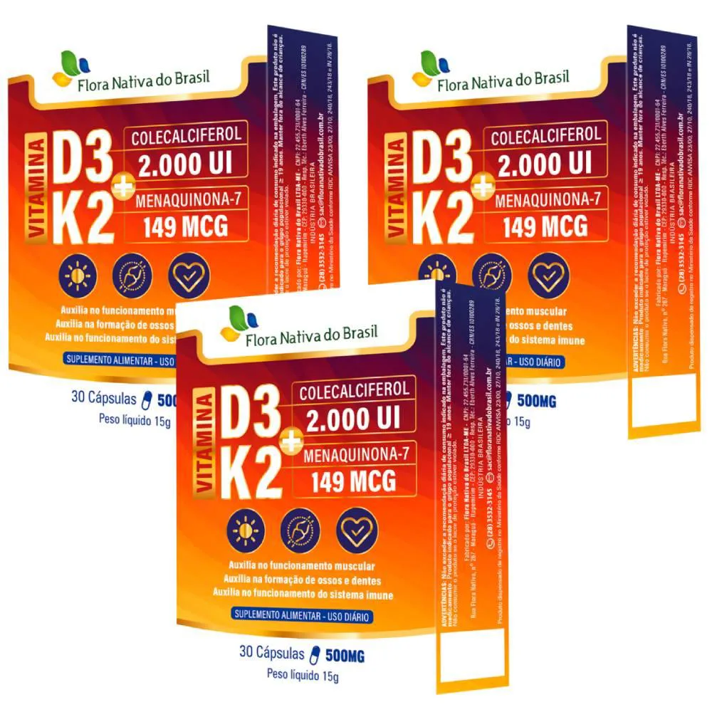 KIT 3X VITAMINA K2 (MK-7) + VITAMINA D3 30 CáPSULAS - FLORA NATIVA