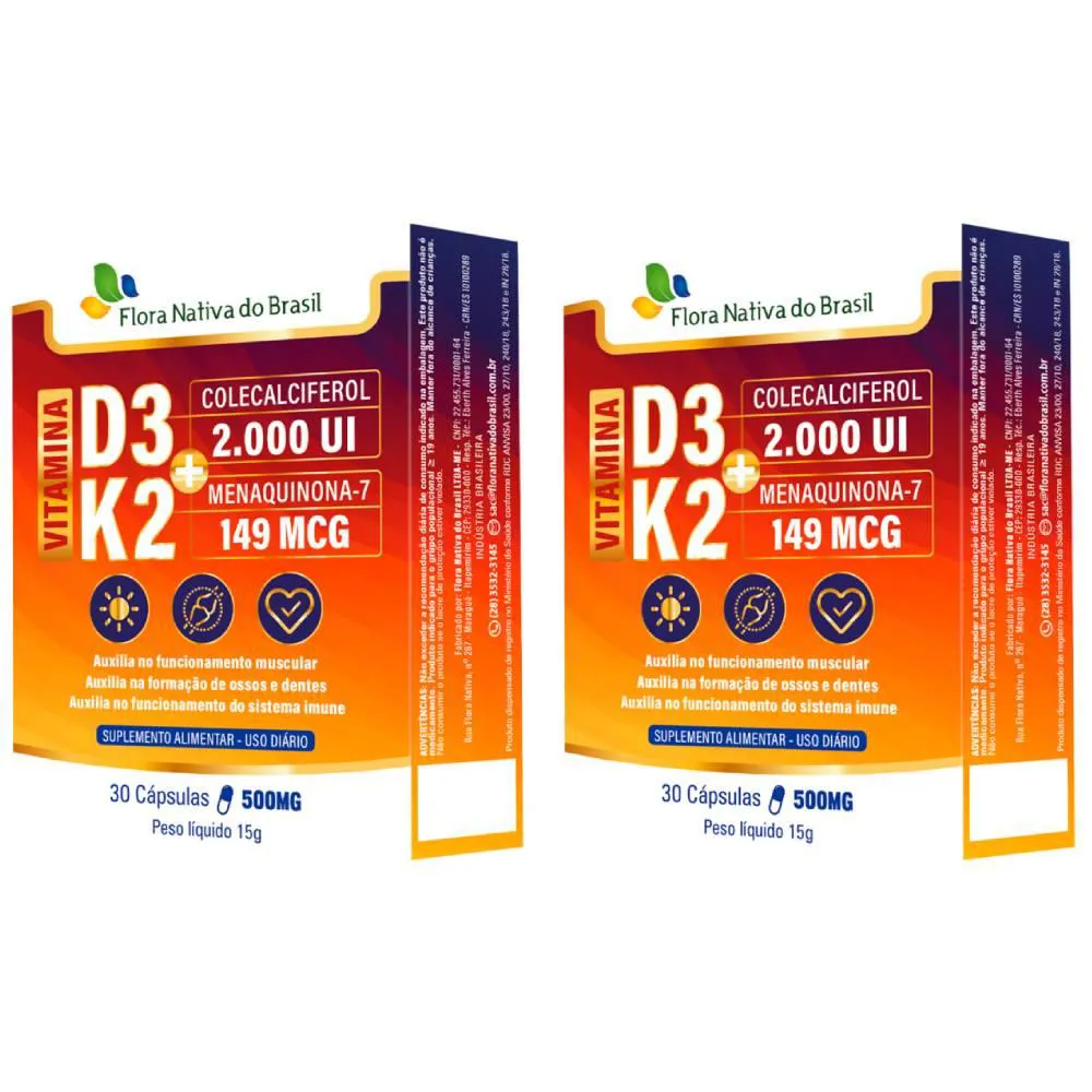 KIT 2X VITAMINA K2 (MK-7) + VITAMINA D3 30 CáPSULAS - FLORA NATIVA