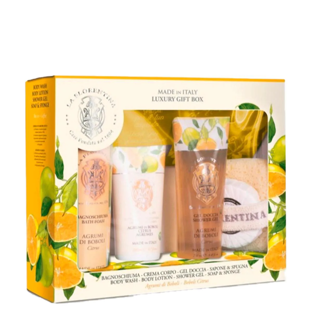 KIT FLORENTINA SPA BOB CITRUS - SABONETE LIQUIDO 500ML + SHOWER GEL 200ML + BODY LOTION 200ML + SABONETE 115G + ESPONJA DE BANHO