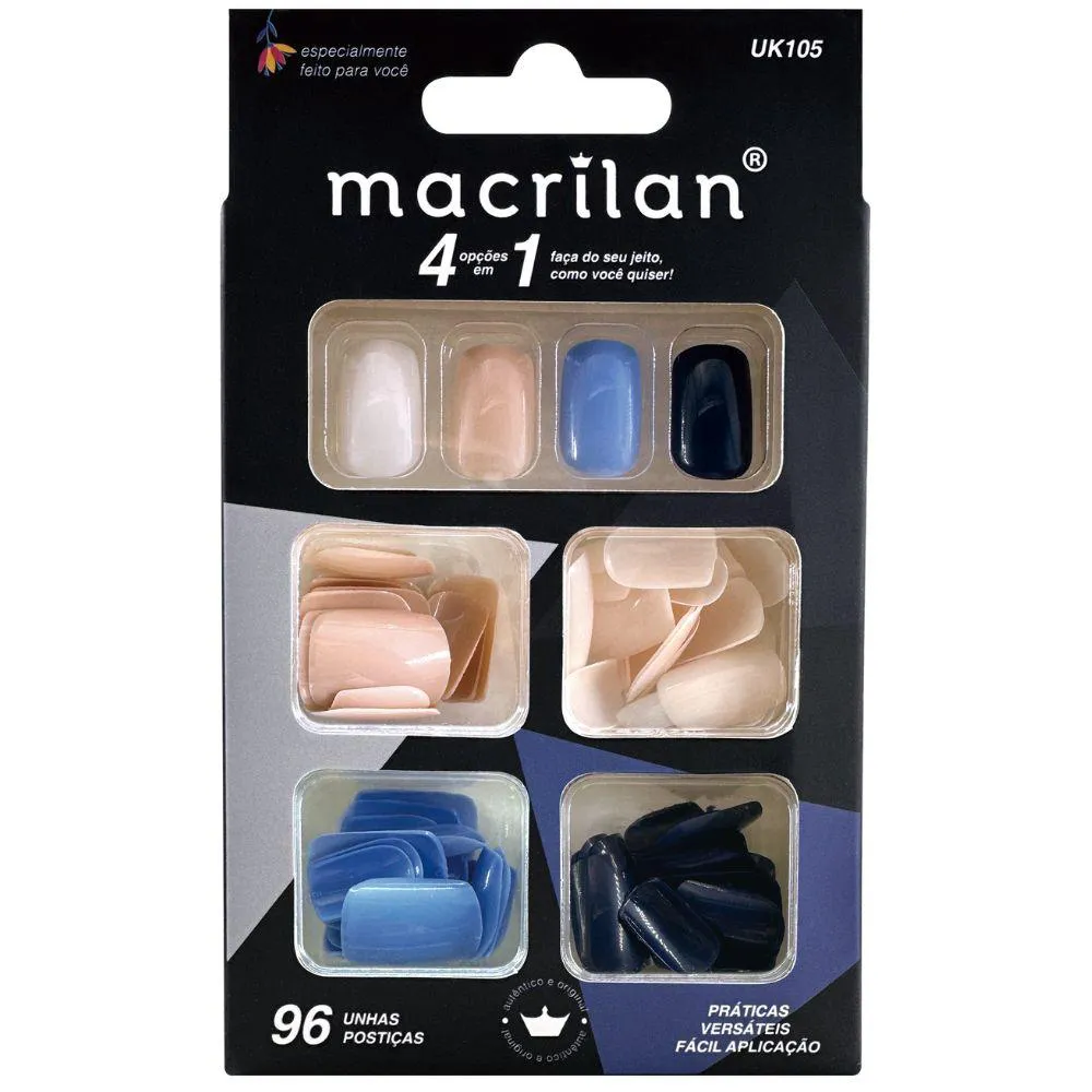 KIT UNHAS POSTIçAS 4 EM 1 TAMANHO MéDIO - AZUL - MACRILAN - UK105