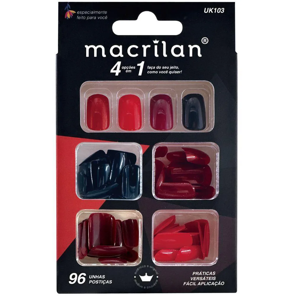 KIT UNHAS POSTIçAS 4 EM 1 - TAMANHO MéDIO - VERMELHO - MACRILAN - UK103