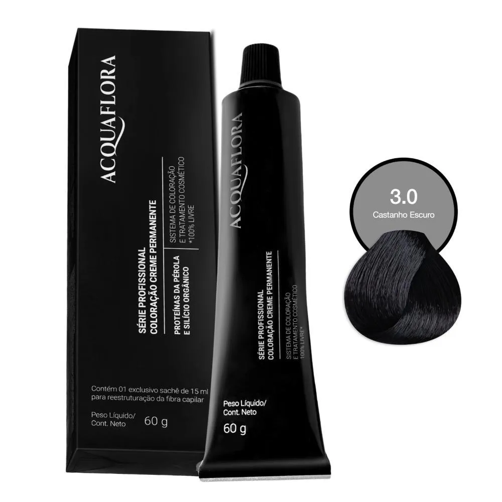 COLORAçãO CREME PERMANENTE ACQUAFLORA 3.0 CASTANHO ESCURO 60G