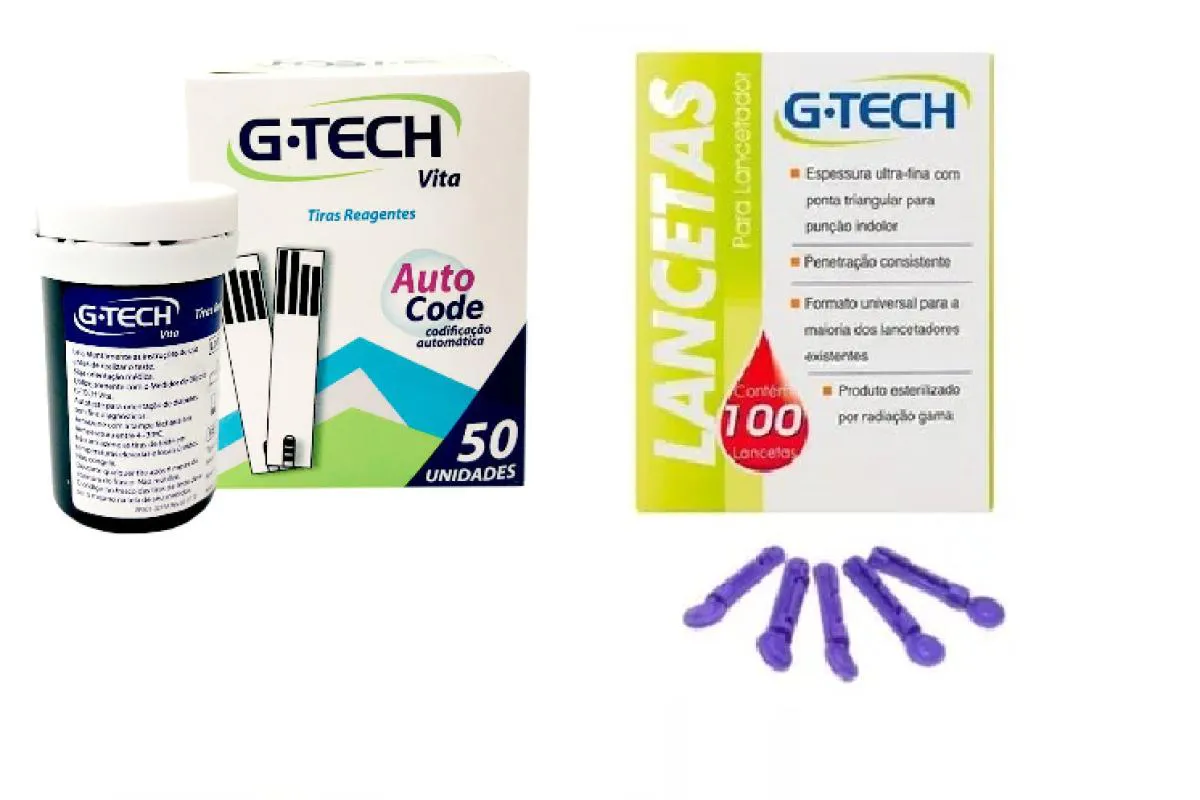50 FITAS TIRAS REAGENTES G-TECH VITA GLICEMIA +100 LANCETAS
