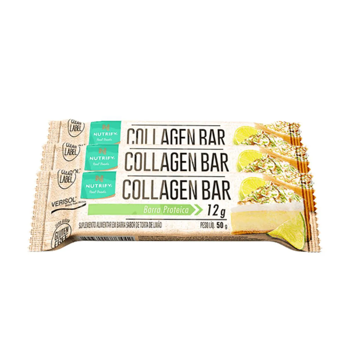 KIT 3 COLLAGEN BAR NUTRIFY BARRA DE PROTEíNA TORTA DE LIMãO UND 50G
