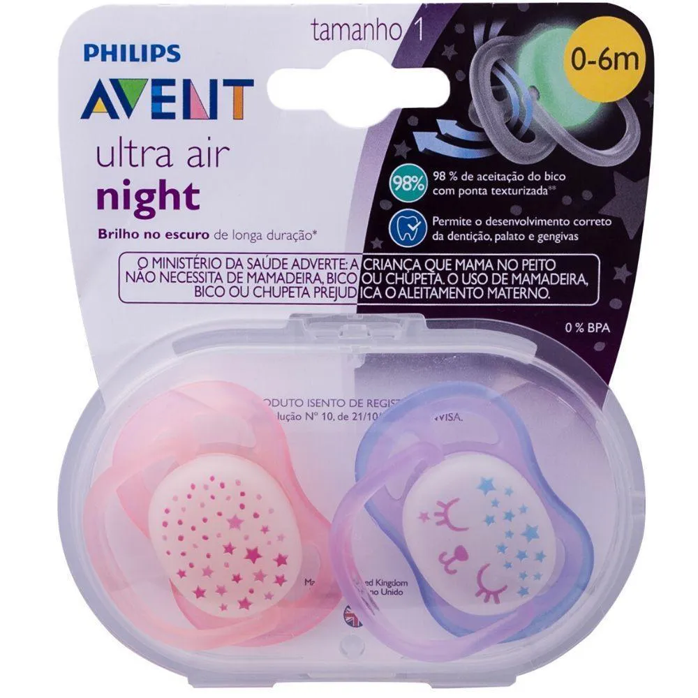 CHUPETA ULTRA AIR DUPLA NIGHT TIME 0-6 MESES MENINA AVENT