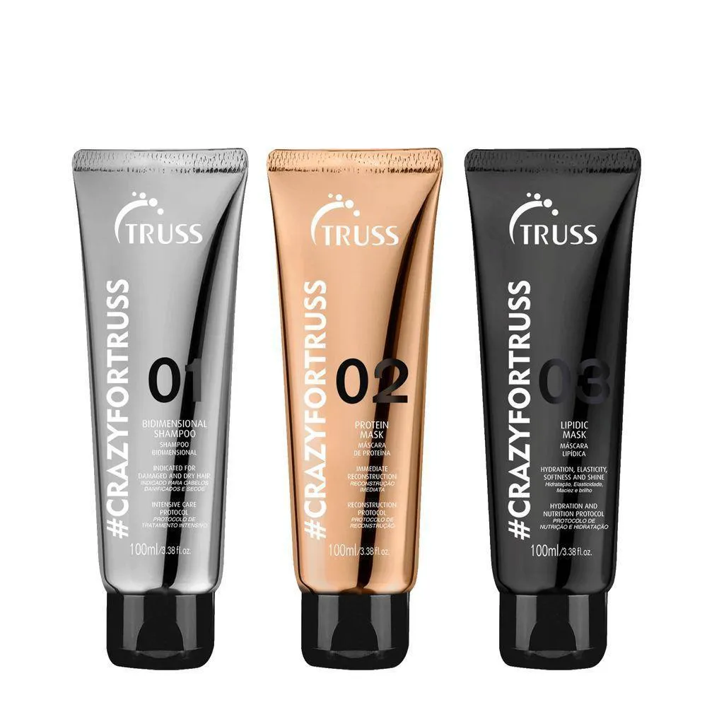 KIT TRUSS CRAZY FOR TRUSS - SHAMPOO 100ML + MáSCARA LIPíDICA 100ML + MáSCARA PROTEICA 100ML