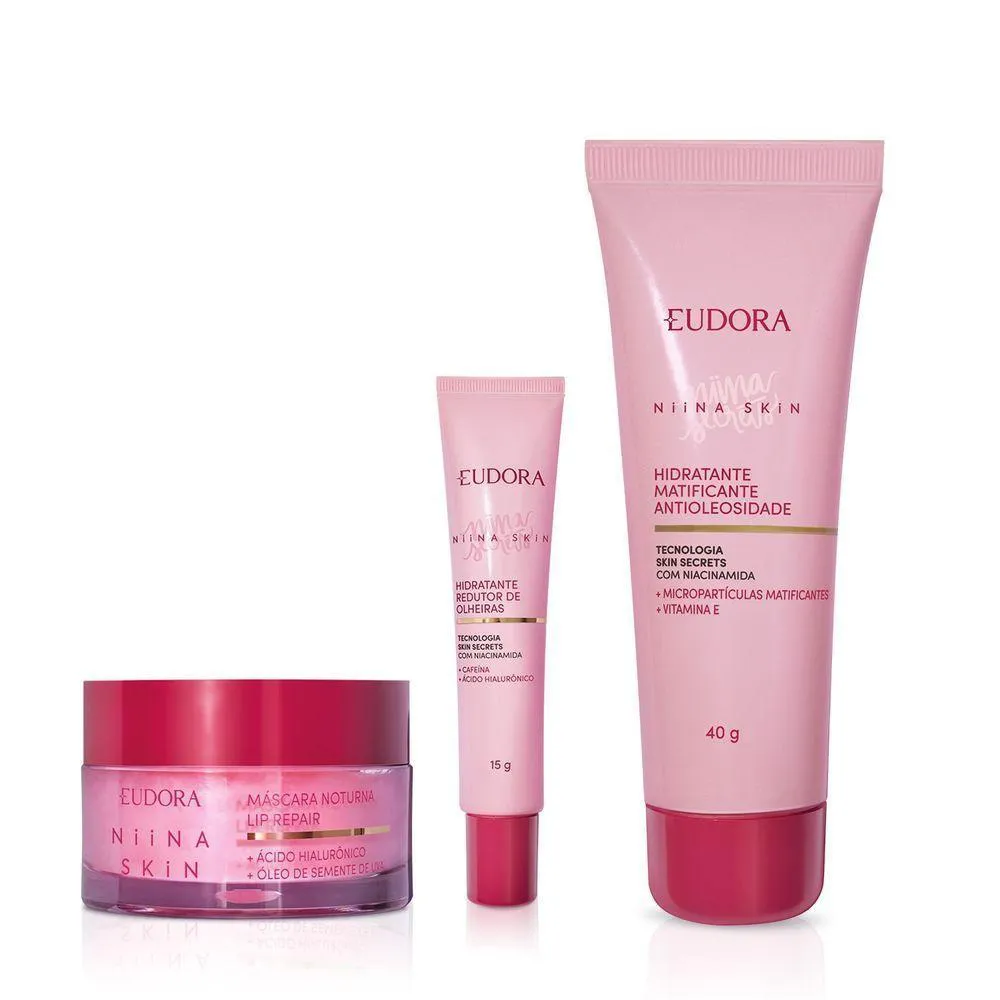 EUDORA KIT NIINA SKIN:MATIFICANTE ANTIOLEOSIDADE40G + REDUTOR DE OLHEIRAS15G + MáSCARA LABIAL NOTURNA9G