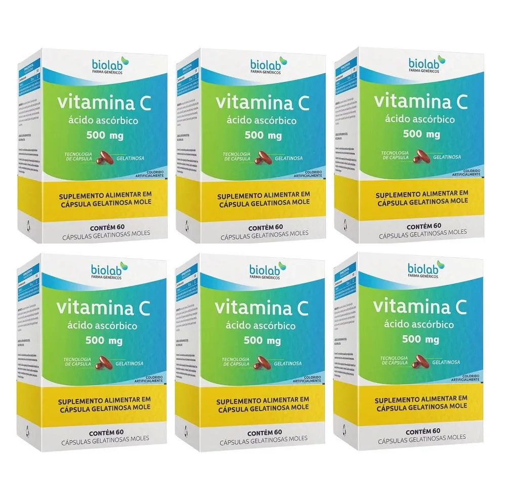 KIT 6 VITAMINA C ÁCIDO ASCóRBICO 500MG 60 CáPSULAS - BIOLAB