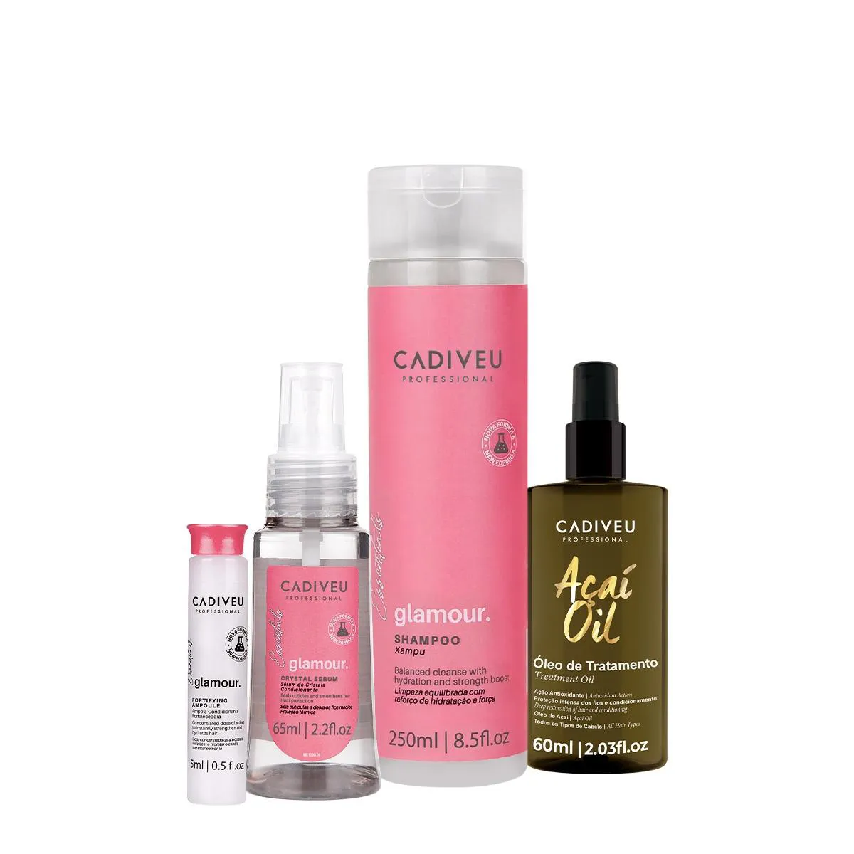 KIT CADIVEU PROFESSIONAL ESSENTIALS GLAMOUR SHAMPOO SéRUM AMPOLA CAPILAR E AçAí OIL 60 (4 PRODUTOS)