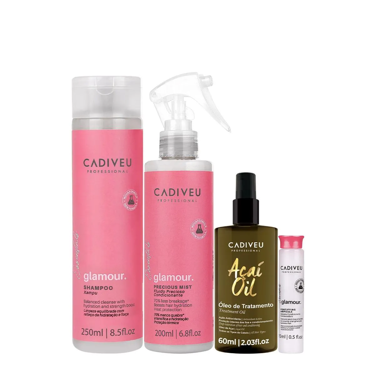 KIT CADIVEU PROFESSIONAL ESSENTIALS GLAMOUR SHAMPOO FLUíDO AMPOLA E AçAí OIL 60 (4 PRODUTOS)